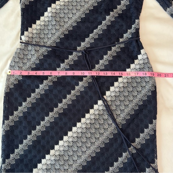 Navy Blue/Gray/White Striped Midi Dress with Unlined Bell Sleeves NWT Sz 10 - Picture 16 of 17